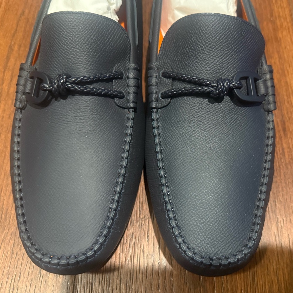 AUTHENTIC MENS HERMES ALLESANDRO LEATHER LOAFERS, SIZE US 9.5, NAVY - Picture 3 of 15
